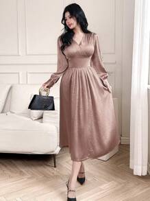 DAZY 纯色 V 领泡泡袖侧开衩中长优雅连衣裙，适合女士舞会礼服、正式女士礼服、秋季长袖连衣裙