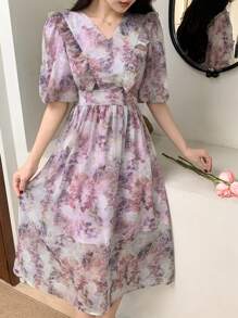 DAZY Vestido midi con cuello en V, manga farol, volantes en el dobladillo para mujer, con estampado floral, apropiado para vestir en el Día de San Valentín