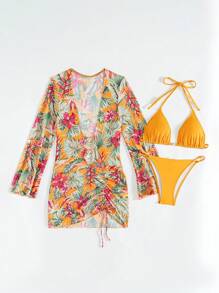 SHEIN Swim 3pcs/Set Women New Printed Triangle Halter Bikini + Sexy Deep V-Neck Sheer Long Sleeve Cover Up, Summer Beach Vacation Bikini Set Set - Multicolor - View 8
