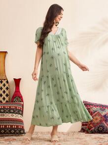 SHEIN 孕妇纯色拼布短袖 V 领休闲长款连衣裙 - 綠色 - 查看 3