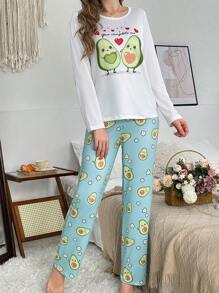 Ensemble de pyjama pour femmes avec haut à manches longues et pantalon long, imprimé avocat