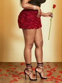 BamGleam 2025 新款女装情人节时尚性感立体碎花迷你裙 - 玫瑰紅 - 查看 3