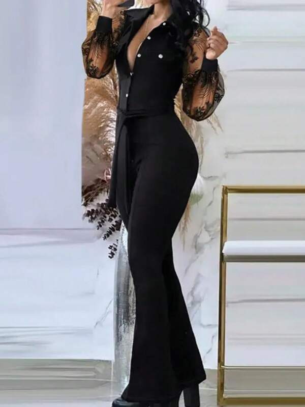 INAWLY Tuta donna con maniche lunghe in pizzo a contrasto, con bottoni monopetto, elegante e aderente