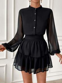 EURMUSE Fashionable Chiffon Balloon Sleeve Ruffles Hem Short Dress, Easy To Fit - Black - View 4
