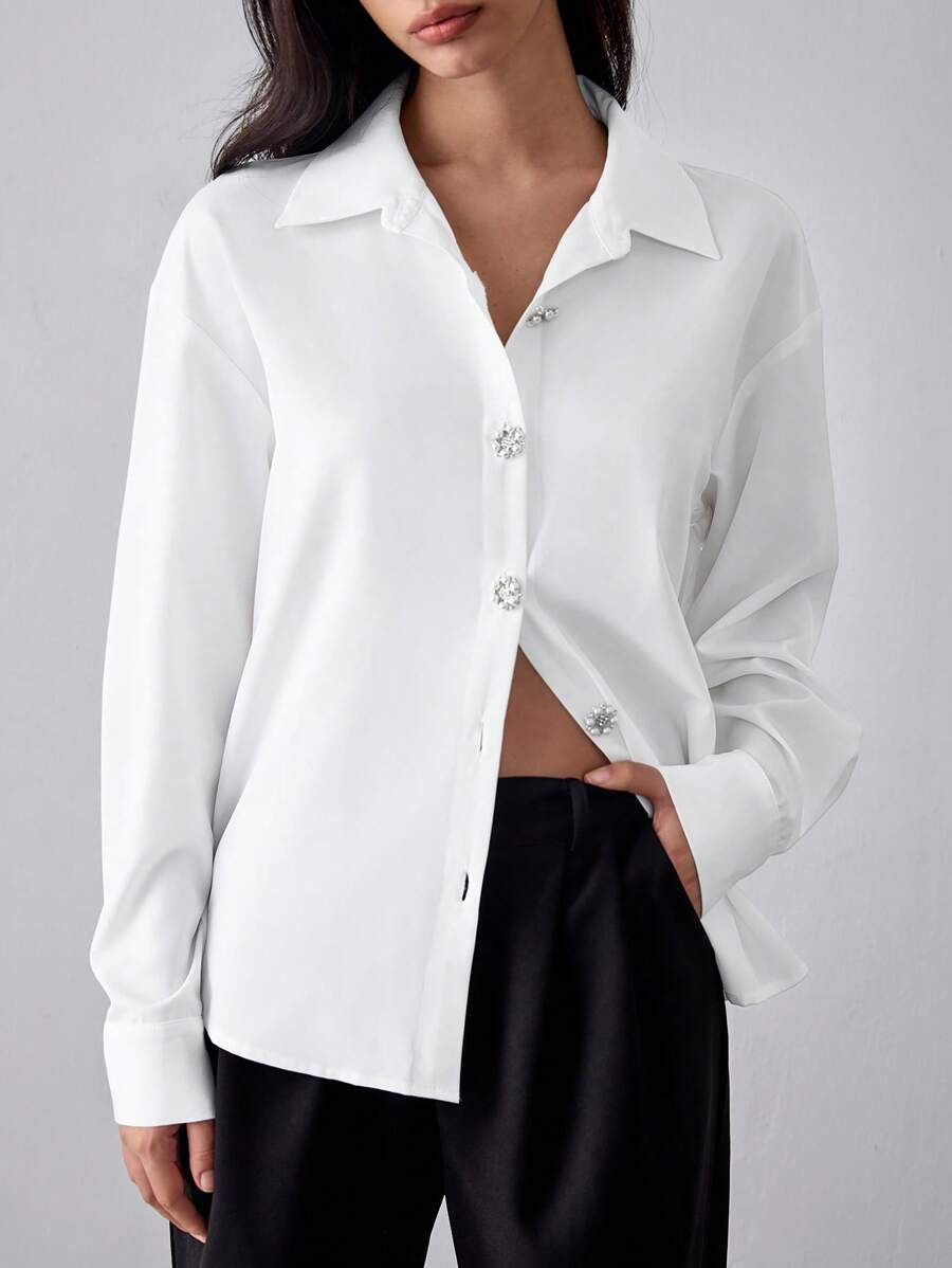 Chiquease White Woven Shirt With Pearl Button Decor - White - View 1