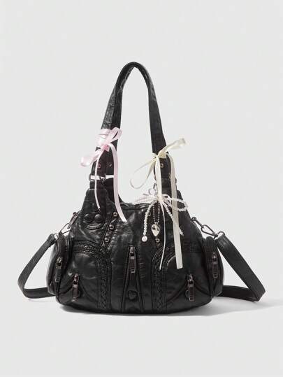 ROMWE Avant Bolso de hombro de estilo biker chic clásico, bolso de tote casual con detalle de lazo y remaches para mujeres