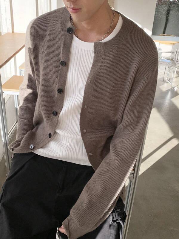 Manfinity CasualKnits Men's Solid Color Button Front Long Sleeve Casual Top, Everyday Wear