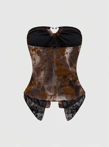 ROMWE Hippie Women Y2K Subculture Flocked Patchwork Lace Splice 2 In 1 Top - Brown - View 2