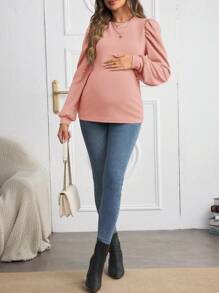 SHEIN Top ajustada de punto con mangas abullonadas y decoración de perlas, para maternidad, otoño - Rosa - Ver 5