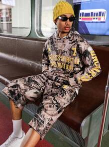 Manfinity Streetrush Men's Ins Street Style Leaf Camouflage Realistic Print With Pocket Hooded Sweatshirt And Elastic Waist Loose 7-Point Sweatpants Two-Piece Set, It Is A Must-Have Sweatshirt Suit For Street Fashion People, Suitable For Giving To Boyfriends