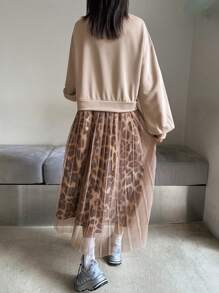 DAZY Leopard Print Mesh Patchwork Loose Mid-Length Dress For Women Cheetah Print,Fall Clothes