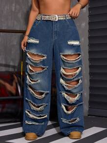 SHEIN ICON Jeans anchos de pierna ancha y desgastados para mujer de talla grande