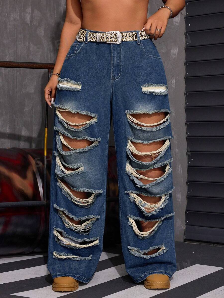 SHEIN ICON Jeans anchos de pierna ancha y desgastados para mujer de talla grande
