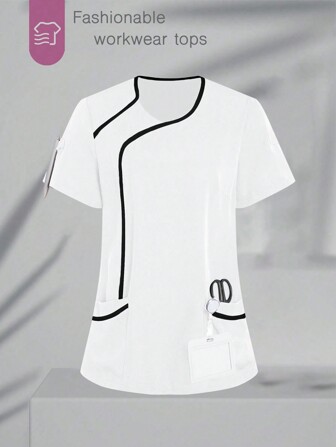 TaskEZ Women Color Block Trim Short Sleeve Top, Scrub Tops,Women's V-Neck Multi-Pocket Work Uniform Coat Tops, Women's Health Examination Surgical Uniforms, Pet Grooming, Dental Masseur Clothing, Studio Fashion Women's Work Uniforms, Nutritionist Work Clothes, Laboratory Work Clothes, Women's Tops, Multi-Pocket Functional Work Clothes, Tops With Buttons On The Collar For Easy Wearing And Taking Off, Functional Women's Clothing For Christmas, New Year And Valentine's Day, Winter And Spring Women's Clothing