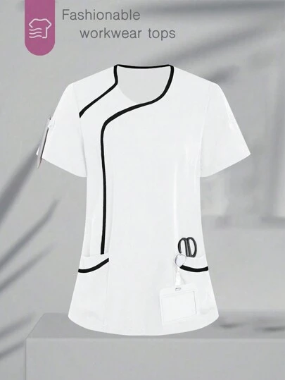 TaskEZ Women Color Block Trim Short Sleeve Top, Scrub Tops,Women's V-Neck Multi-Pocket Work Uniform Coat Tops, Women's Health Examination Surgical Uniforms, Pet Grooming, Dental Masseur Clothing, Studio Fashion Women's Work Uniforms, Nutritionist Work Clothes, Laboratory Work Clothes, Women's Tops, Multi-Pocket Functional Work Clothes, Tops With Buttons On The Collar For Easy Wearing And Taking Off, Functional Women's Clothing For Christmas, New Year And Valentine's Day, Winter And Spring Women's Clothing