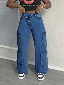 SHEIN Slayr 女士休闲前扣口袋直筒牛仔工装裤