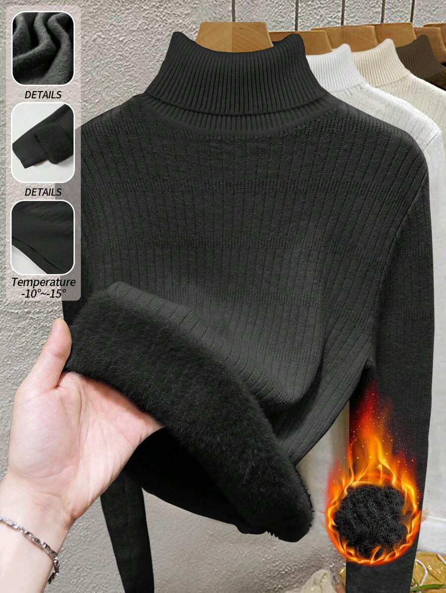 Franclia 新款修身高领针织时尚套头毛衣，女士秋冬款 - 黑色 - 查看 1