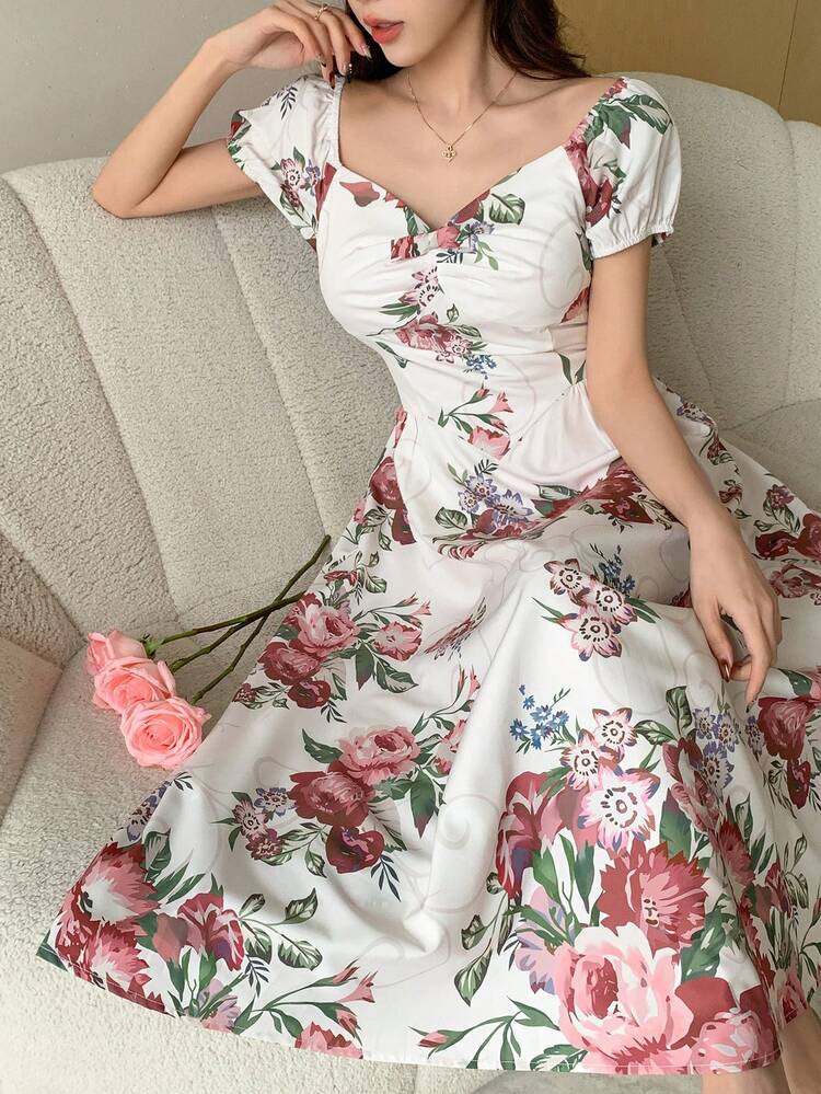 Women's Mid-Length Floral Off-Shoulder Dress, Valentine's Day,Ruffle Maxi Dress Boho