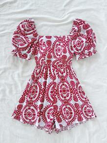 Soleia 度假休闲泡泡袖绿色连体裤 - 紅色 - 查看 5