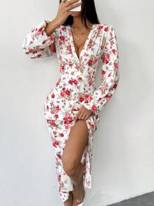 SHEIN Unity 纽扣装饰前拉链长袖深 V 领花卉印花连衣裙 - 白色 - 查看 3