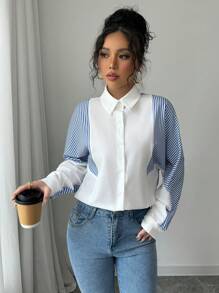 Elenzga Camicia a maniche lunghe da donna con patchwork a righe e bottoni