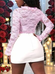 Slaydiva Body ajustado de encaje con escote en V profundo y volantes románticos - color rosa, para el Día de San Valentín