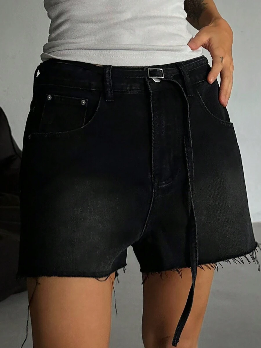 DAZY Quần short denim nữ dáng rộng, kiểu dáng mùa xuân, rách rưới, đã qua xử lý. - màu đen - Xem 1