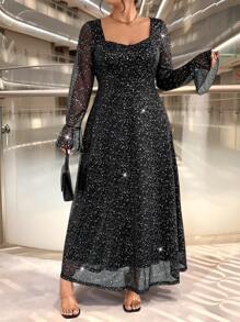 SHEIN Unity Plus Size Women's Elegant Black & Silver Flare Sleeve Metallic Fabric Fitted Long Evening Gown Dress For Party