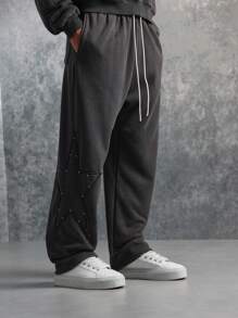 SUMWON Premium Drop Crotch Jogger Sweatpants With Star Detail, Elastic Ankle Cuffs And Drawstring Waist, Athleisure Streetwear For Urban Fashion, Fall Winter Comfort Wear