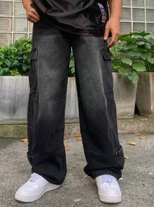 DAZY Men's Plain Black Casual Straight Leg Cargo Jeans, Autumn - Black - View 6