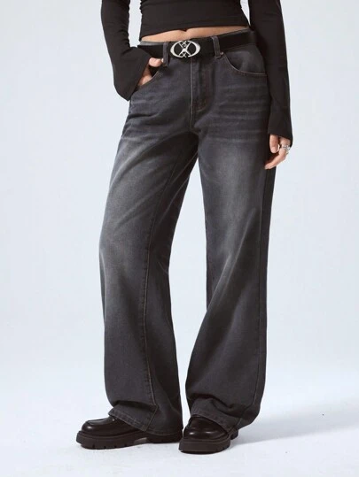 LYSMO 女士口袋直筒宽松休闲百搭牛仔裤