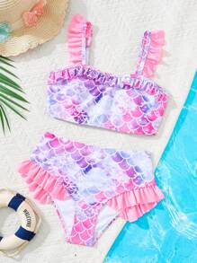 SHEIN 青少年女孩情人节假期海滩度假美人鱼鳞片印花泳衣套装