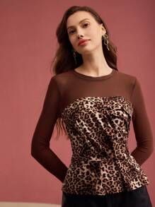 MOTF PREMIUM CAMISETA ACANALADA CON CONTRASTE DE ESTAMPADO LEOPARDO - Marrón - Ver 4