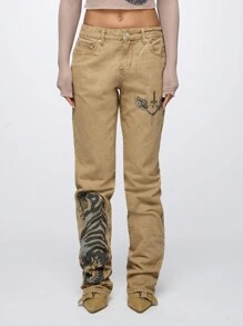 SUMWON WOMEN High Rise Denim Embroidered Tiger Print Straight Leg Jeans Dragon Motif Angel Wing Sword Distressed Fall Winter Pants Fashion Forward Statement Piece - Khaki - View 1