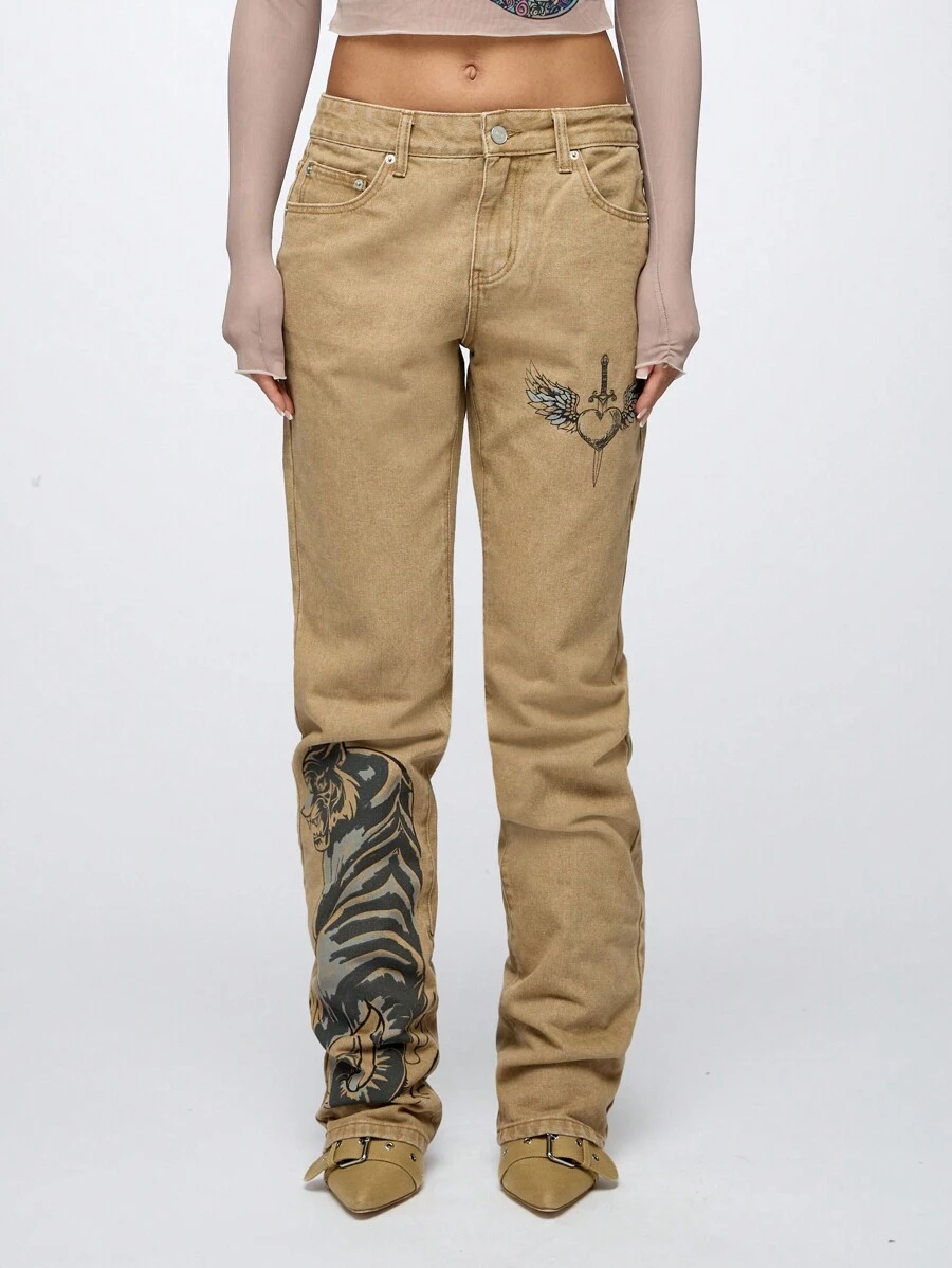 SUMWON WOMEN High Rise Denim Embroidered Tiger Print Straight Leg Jeans Dragon Motif Angel Wing Sword Distressed Fall Winter Pants Fashion Forward Statement Piece - Khaki - View 1