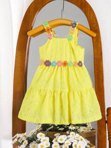 SHEIN Baby Girl New Summer Woven Jacquard Solid Color Dress With Floral Strap Decoration - Yellow - View 7