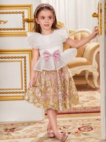 SHEIN 2pcs/Set Young Girl Woven Ruffle Top And Woven Ditsy Ditsy Floral Skirt - White - View 4
