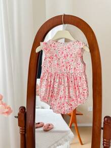 SHEIN LMoss Kids LMoss 新生女婴可爱碎花蝴蝶结连体衣，夏季款 - 粉色 - 查看 2