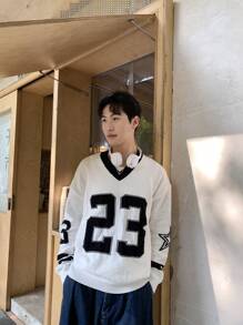 Manfinity CasualKnits Men's Casual V-Neck Long Sleeve Loose Fit Sweater With Numeric Pattern, Autumn/Winter - White - View 1