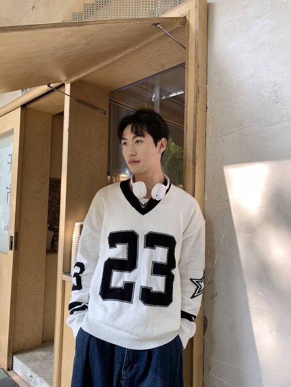 Manfinity CasualKnits Men's Casual V-Neck Long Sleeve Loose Fit Sweater With Numeric Pattern, Autumn/Winter