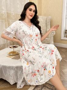 CottageSlumber Plus Size Romantic Floral Lace Patchwork Midi Nightgown - Multicolor - View 3