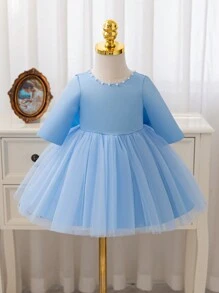 SHEIN Glamorique Kids White Christmas Princess Dress For Girls, Satin & Mesh Patchwork Long Sleeve V-Neck Pearl Decor Bowknot Back Ball Gown, Suitable For Parties, Autumn/Winter - Blue - View 2