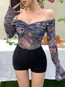 DAZY Blusa bohemia de mujer con estampado floral de malla transparente, hombros descubiertos, mangas largas, para vacaciones de verano, blusas bohemias, top hombros descubiertos, ropa de mujer para otoño