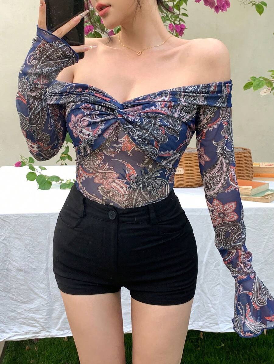 DAZY 女士薄纱印花露肩波西米亚风度假上衣,长袖,夏季,波西米亚风上衣,露肩上衣,秋季女装复活节 - 紫色 - 查看 1