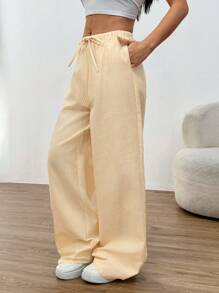 SHEIN EZwear Quần ống đứng kẻ sọc rộng rãi có thắt lưng cho nữ - Màu vàng - Xem 5