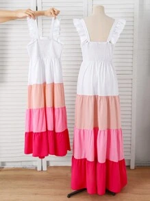 SHEIN 1 pièce Robe décontractée pour filles en patchwork, assortiment de quatre couleurs, design bicolore, tissu extensible, convient pour les activités quotidiennes, les rassemblements, les usages intérieurs et extérieurs