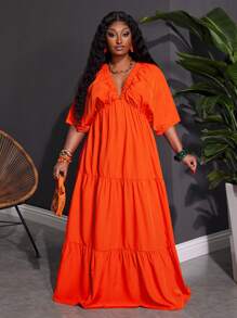 Slaydiva Plus Size Women V-Neck Loose Solid Color Dress, Suitable For Beach, Holiday & Casual Wear,Beach Dress Sundress,Holiday Outfits Boho