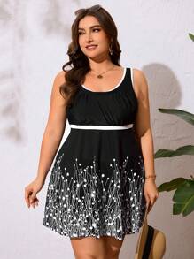 SHEIN Swim Curve Plus Size Women's Printed Tankini Swimsuit Summer - Black and White - View 6