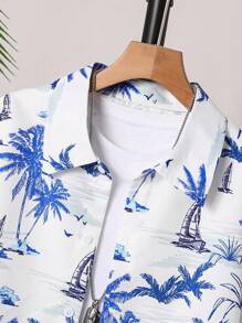 SHEIN Tween Boy Casual Fashionable Palm Tree Print Beach Style Shirt & Shorts Set, Spring/Summer, School, Campus, College - White - View 4