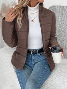 SHEIN LUNE Women Solid Color Long Sleeve Zipper Stand Collar Casual Winter Jacket Fall Cloth For Women - Coffee Brown - View 3